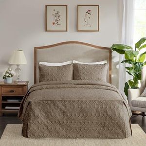 Madison Park Quebec Gewatteerde sprei, gespleten hoeken, klassiek traditioneel ontwerp, alle seizoen, lichtgewicht beddengoed, bijpassende kussenslopen, queensize, damast, kaki, 3-delig
