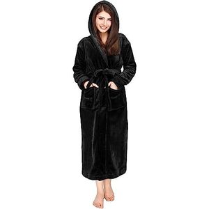 NY Threads Badjas met capuchon voor dames - pluche lange badjas, Zwart, L