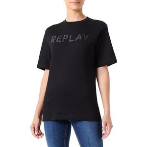 Replay Dames T-shirt met korte mouwen met logo, 098 Black, M