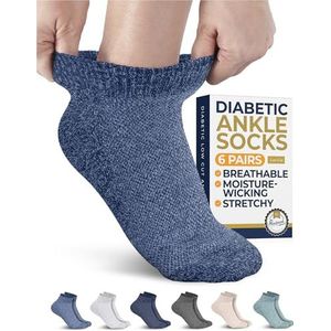 Pembrook Diabetische enkelsokken voor mannen en vrouwen - 6 paar | blauw, groen, donkerblauw, grijs, beige, wit | niet-bindende diabetische sokken voor heren | neuropathiesokken voor mannen |