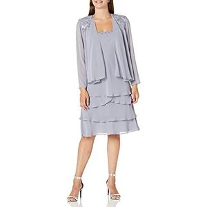 S.L. Fashions Women's Mother of The Bride Tiered Jacket Dress with Shoulder Embellishment (Petite and Regular Sizes), Concrete, 16