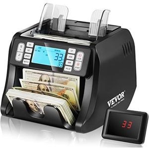 VEVOR Geldtelmachine, bankbiljettenteller met detectie van valse bankbiljetten UV, MG, IR en DD, bankbiljettenteller met extra en batchmodus, groot lcd-display