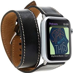 VENTA® Lederen armband Twist voor Apple Watch 1/2/3/4/5 wisselarmband, compatibel met Apple Watch, reserve-armband, echt leer (42-44 mm/zwart/DT-VA-RST1) + adapterset zilver