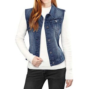 Allegra K Jeansvest voor dames, mouwloos, knoopsluiting, denim revere vesten met zakken, donkerblauw, M