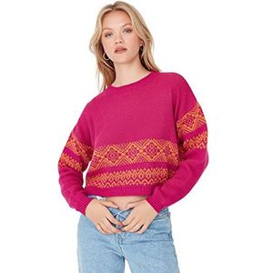 Trendyol Dames ronde hals etnisch patroon Regular Sweater sweatshirt, Fuchsia, L, Fuchsia, L
