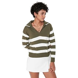 Trendyol Dames V-hals Colorblock getailleerde sweater sweatshirt, Khaki, M, kaki, M