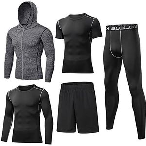 BUYJYA 5Pcs Mannen Compressie Broek Shirt Top Lange Mouw Jas Atletische Sets Gym Kleding Mens Workout, Grijs, XS