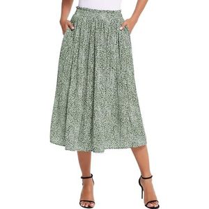 Parabler Dames chiffon midi-rok elegante bloemen polka dot lange rok elastische taille zomerrok plissé strandrok met zakken, groen, XL