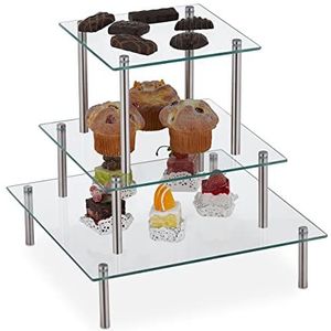 Relaxdays taartplateau glas - 3-delig - vierkant - high tea etagere - cupcakes - op voet
