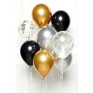 Amscan 9907429 - DIY ballonset Glamour, 8 ballonnen van latex, zwart, goud, zilver, voor verjaardag, oudejaarsavond, bruiloft, decoratie