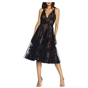 Dress the Population womens Courtney Sleeveless Veiled Fit & Flare Midi Dress, Blacknude, X-Small US