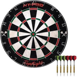 Hy-Pro Topflight Dartbord - Dartboardset, 6 x 18 g stalen tip darts, nietvrij Bulls Eye, Sisal, 6 vluchten (3 rood en 3 groen), binnen en buiten, geweldig dartcadeau idee