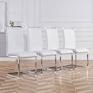 Merax Cantileverstoel, schommelstoel, set van 4, eetkamerstoelen met PU-kunstleer en hoge rugleuning, verchroomd metalen frame, moderne keukenstoel, gestoffeerde stoel voor woonkamer, vergaderruimte,