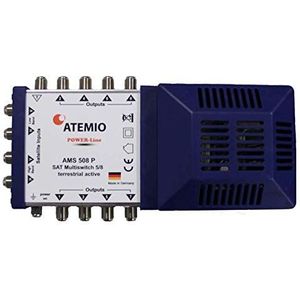 Atemio AMS508P Multischakelaar Power-Line, 1 satelliet voor maximaal 8 deelnemers/ontvanger (UHD, 4K, HDTV, actieve terrestrik) wit/blauw