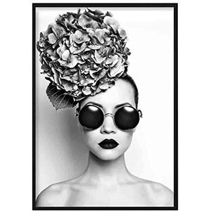 Artze Wall Art Vrouw met zonnebril en bloemen fotoprint, 30 cm breedte x 40 cm hoogte, zwart/wit