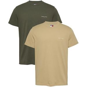 Tommy Jeans TJM Slim 2PACK Linear Chest TEE DM0DM20353 S/S T-shirt voor heren, groen (Fatigue Green/Relic Tan), XS, Groen (Vermoeidheid Groen/Relic Tan), XS