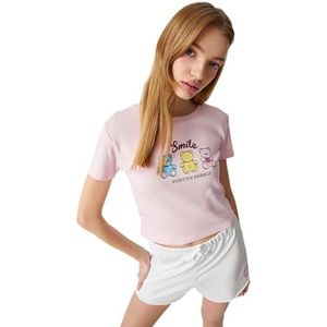 Koton Dames crop T-shirt bedrukt katoen ronde hals korte mouw, roze (252), M