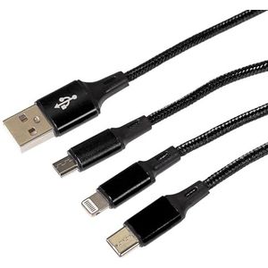 Maplin 3-in-1 Lightning & Micro USB & USB-C naar USB-A gevlochten kabel zwart, voor iPhones 15,14,13,12,11, iPad Air/Mini, iPad, Android-telefoons incl. Samsung S7/S6/S5, Sony, Huawei, PS4, HTC,