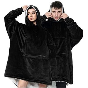 Oversized deken hoodie dames heren fit alles, pluche capuchon draagbare deken gooien, pluizige comfortabele hoody deken voor volwassenen, warm knuffelend sweatshirt met capuchon, zwart