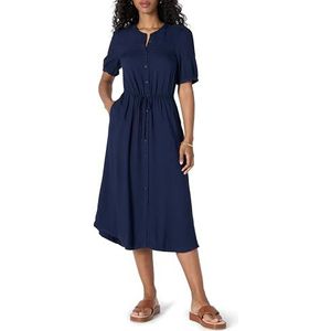 Amazon Essentials Dames Relaxed Fit Halve Mouw Taille Midi A-lijn Jurk, Navy, L