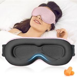 Slaapmasker voor heren en vrouwen, 3D-oogmasker, slaapmasker voor drukontlasting, 100% lichtblokkerende slaapbril met verstelbare elastische en oordopjes voor op reis, roze