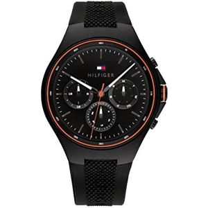 Tommy Hilfiger Analoog multifunctioneel kwartshorloge voor heren met roestvrij staal of siliconen armband, zwart/oranje, riem