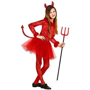 Widmann - Kinderkostuum duivelin, body met versiering van veren, rokje met staart, hoorns, Halloween, carnaval, themafeest