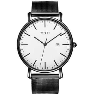 BUREI Ultradunne minimalistische moderne herenhorloge Classy Date herenhorloge met klassiek eenvoudig ontwerp van groot gezicht en zwarte roestvrijstalen band