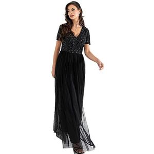 Maya Deluxe Dames jurk voor bruiloft gast plus size rijk hoge taille pailletten korte mouw avond bruidsmeisje, Zwart, 46