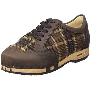 Woody Mary houten schoen voor dames, vetleer, caffe-textiel, geruit, 36 EU