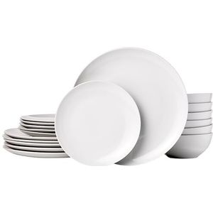 Amazon Basics 18-delige keukenserviesset, borden, schalen, kommen, servies voor 6 personen, witte porselein