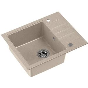 Quadron Granieten gootsteen, afmetingen 62 x 50 x 20 cm, kleur: beige en staal, PETER 116 enkele gootsteen, granieten spoelbak, met handmatige sifon en afdruipvlak