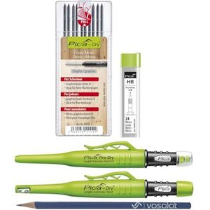 Pica Marker Set - Pica Fine Dry 0,9 + Pica Dry + 10 stuks reservevullingen grafiet hardheid H + 24 stuks vullingen grafiet HB