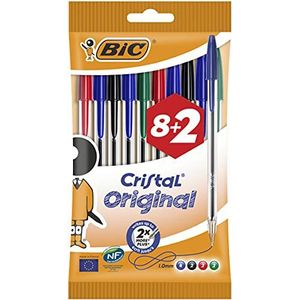 BIC Cristal Original Balpennen Medium Punt (1,0 mm) - Verschillende Kleuren, Pak van 8+2 Stuks