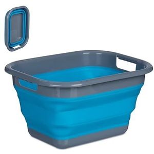 Relaxdays opvouwbare wasmand, 15 liter, plastic heupwasmand, handvatten, afwasteil, camping, wasgoedmand, blauw/grijs