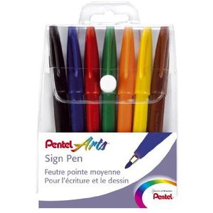Pentel Sign Pen S527 etui met 7 viltstiften fijn acrylverf 7 kleuren
