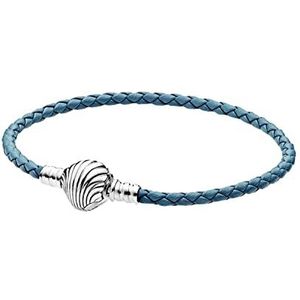 Pandora Turquoise gevlochten schelpsluiting leren armband, 20,5 cm, Niet-edelmetaal, Niet van toepassing.