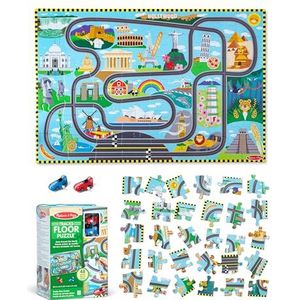 Kartonnen racebaan legpuzzel Race rond de wereld van Melissa & Doug met opwindautootjes - 48 stukjes, Puzzel, Montessori speelgoed 3 jaar, Busy board, Educatief speelgoed, Cadeau voor jongen of meisje