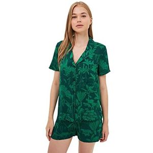 Trendyol Vrouwen Dierlijke print Knop Gedetailleerde Midden Geweven Shirt-Korte Pyjama Set, Groen, 62