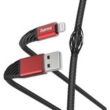 Hama Oplaadkabel voor iPhone Extreme (Lightning-USB 2.0, MFI-gecertificeerd, snellaad-/gegevensoverdrachtkabel, gevlochten nylon, 1,5 m, iPad/iPhone 13/12/11/XS/XR/X/8/7/7+/6S/6/5/SE2020), zwart/rood