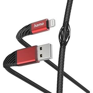 Hama Oplaadkabel voor iPhone Extreme (Lightning-USB 2.0, MFI-gecertificeerd, snellaad-/gegevensoverdrachtkabel, gevlochten nylon, 1,5 m, iPad/iPhone 13/12/11/XS/XR/X/8/7/7+/6S/6/5/SE2020), zwart/rood