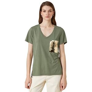 Koton Dames Sequin Embellished Korte Mouw V-hals T-shirt, kaki (801), XXL