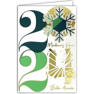 Gelukkig Nieuwjaar 2024 Beste wensen van glanzend goud met witte envelop, formaat 12 x 17,5 cm, groot aantal cijfers, 12 slagen voor middernacht nieuwjaar, gemaakt in Frankrijk