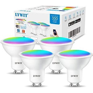 LVWIT GU10 Wlan LED-lamp RGB, 4,9 W vervangt 35 W, 350 lm, WiFi Smart LED-lamp Bluetooth, compatibel met Alexa, Echo en Google Assistant, dimbaar via Tuya App (4 stuks)