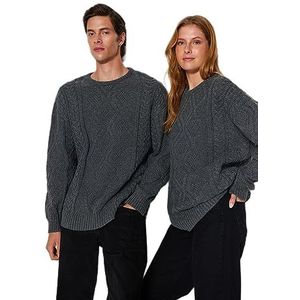 Trendyol Uniseks haarvlecht lange mouwen plus size sweater, grijs, S Grote Maten