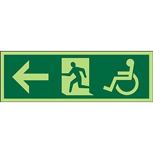 Seco DDA Fire Exit - Pijl die naar links wijst, man loopt links, rolstoel pictogram teken, 450mm x 150mm - Fotoluminescente 1 mm semi-stijve kunststof