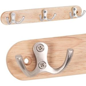 RICOO MH013 Garderobehaken, hout, garderobehaken, met 3 haken, roestvrij staal, 27 cm, wandgarderobe, houten haken om te schroeven