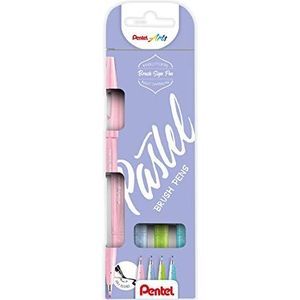 Pentel SES15P-4 Brush Sign Pen Pastel Colors Set, vezelpen, penseelachtige punt, 4 stuks, gesorteerd op kleur