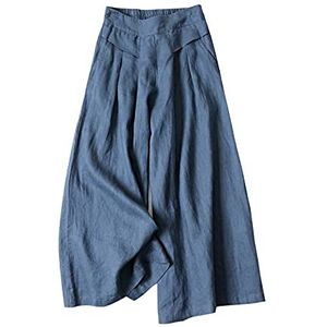 Gihuo Dames culottes linnen mix wijde pijpen broek elastische taille casual palazzo broek met zakken capri, Donkerblauw, L