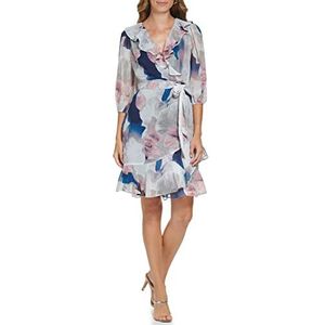 DKNY Dames Faux Wrap Lange Mouwen Ruffle Neck and Hemline Jurk in Oversized Bloemenprint, Spring Navy, 12, Navy Multi, 40